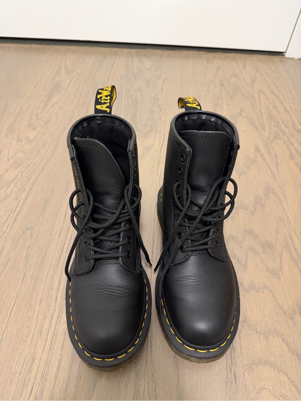 Women’s Black Lace-Up Combat Boots with Yellow Stitching